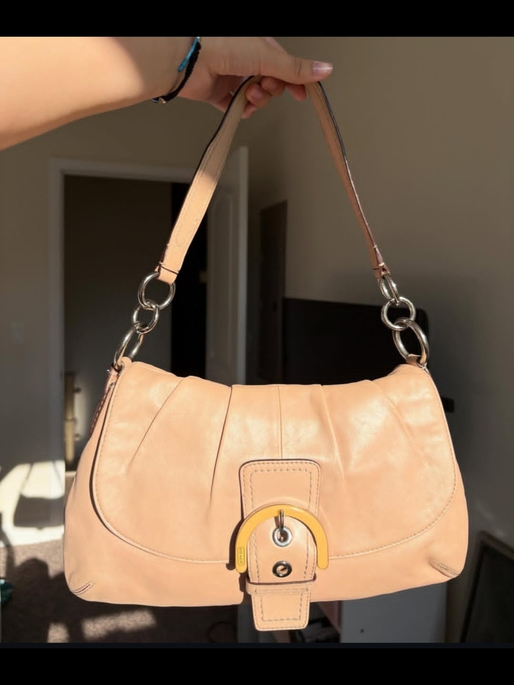 Coach Beige Leather Shoulder Bag with Yellow Accent